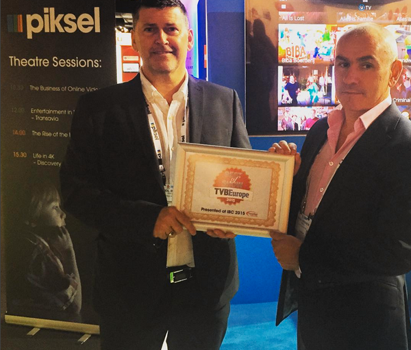 Piksel Voyage wins 'Best of Show 2015', and the award is accepted by Piksel's Neil Berry & Paul Hodgson on the Piksel stand at IBC.